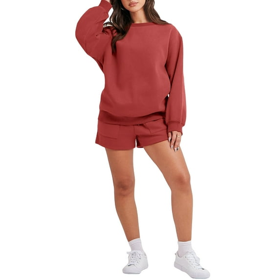 nvzhuang Women Workout Outfits Set Pullover Sweatshirt and Running Shorts with Pockets