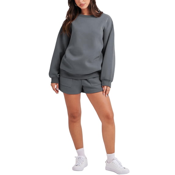 nvzhuang Women Workout Outfits Set Pullover Sweatshirt and Running Shorts with Pockets