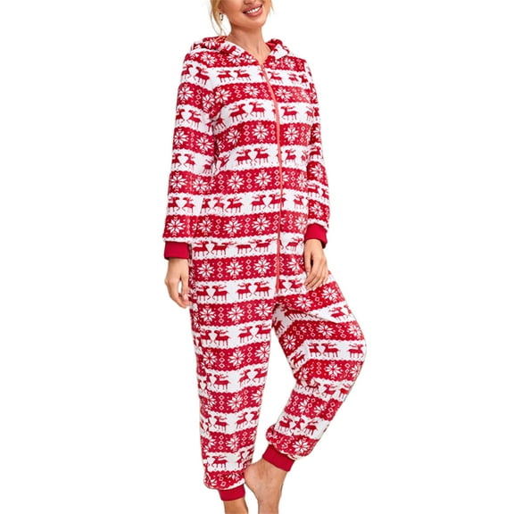 nvzhuang Women's Christmas Hooded Jumpsuit, Long Sleeve Zip Up V Neck Cartoon Print One Piece Pajamas