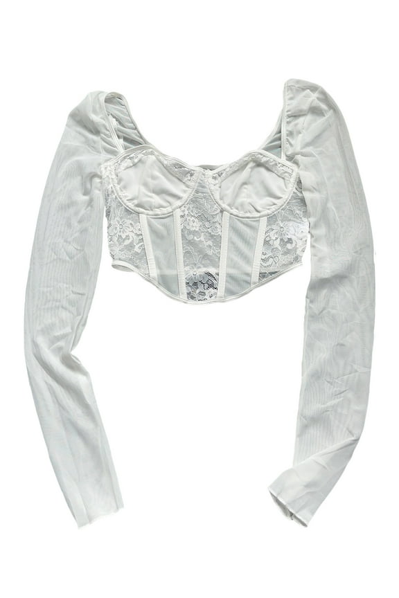 Women’s Corset Crop Tops, Long Sleeve Lace Patchwork  Asymmetrical Bustier T-Shirts