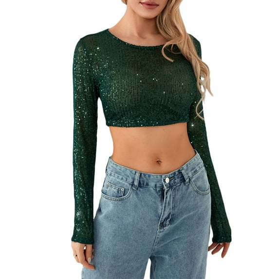 nvzhuang Women’s Full Sequin Cropped Tops Long Sleeve Show Navel Glitter Sparkle Party Blouses