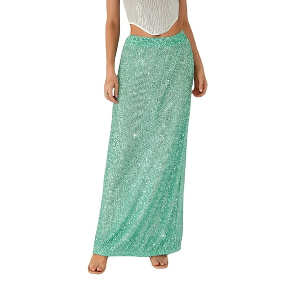 nvzhuang Women's Sequins Long Skirts Low Waist Party Skirts Spring Summer Fashion Skirts Streetwear