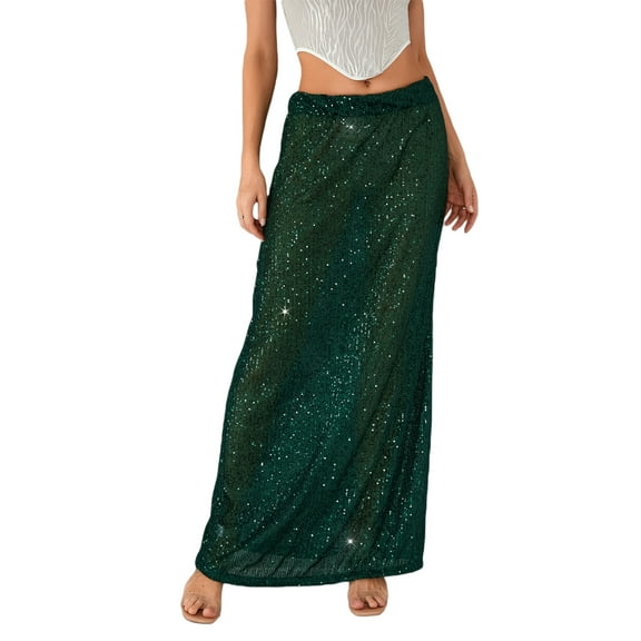 nvzhuang Women's Sequins Long Skirts Low Waist Party Skirts Spring Summer Fashion Skirts Streetwear