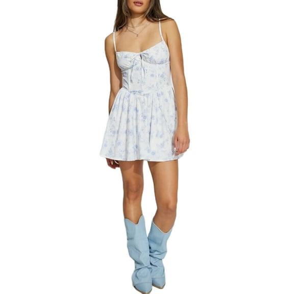 nvzhuang Women's Spaghetti Strap Cami Dress Tie-up Front Solid Color/Floral Print Ruffle Mini Dress