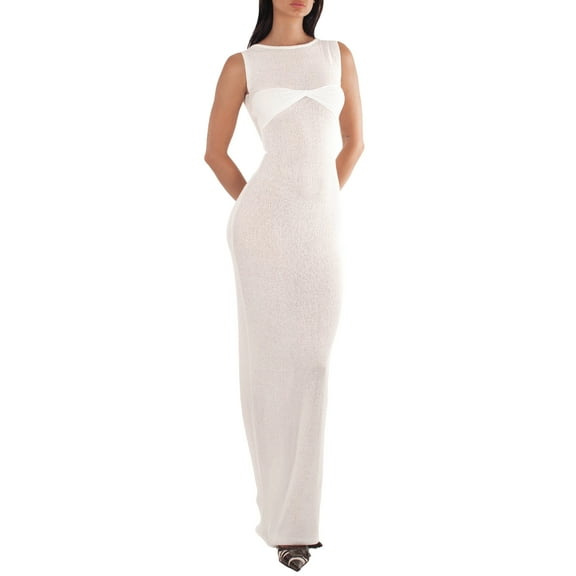 nvzhuang Women’s Summer Bodycon Dress Sleeveless Twist Front Solid Color Dress Slim Fit Midi Dress