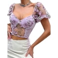 thumbnail image 1 of nvzhuang Women's Summer Crop Tops Three-dimensional Butterfly Stitched Mesh Short Sleeves V-neck Open Back Shirt, 1 of 8
