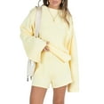 thumbnail image 1 of nvzhuang Women's Summer Knit Outfits Solid Color Long Sleeve Round Neck Tops+ High Waist Shorts, 1 of 6