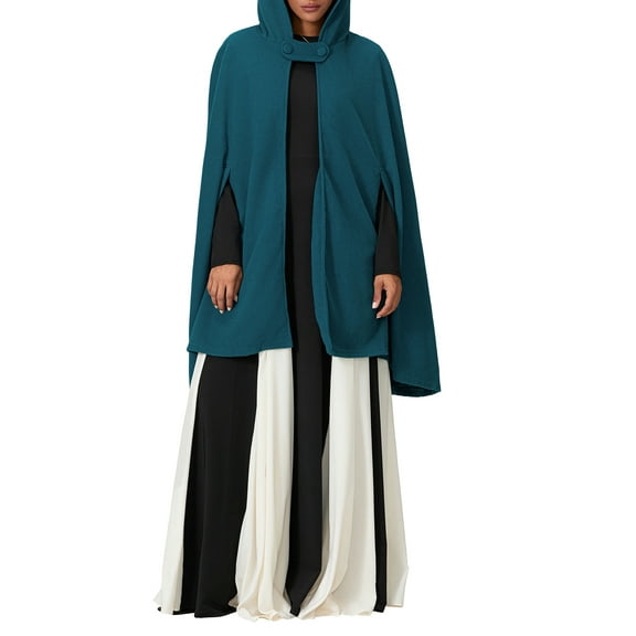nvzhuang Women's Winter Hooded Cape Coats Button Loose Fit Simple Solid Warm Cloaks Short Cape Jackets Outwears