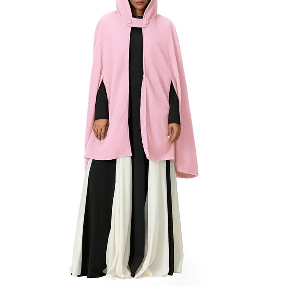 nvzhuang Women's Winter Hooded Cape Coats Button Loose Fit Simple Solid Warm Cloaks Short Cape Jackets Outwears