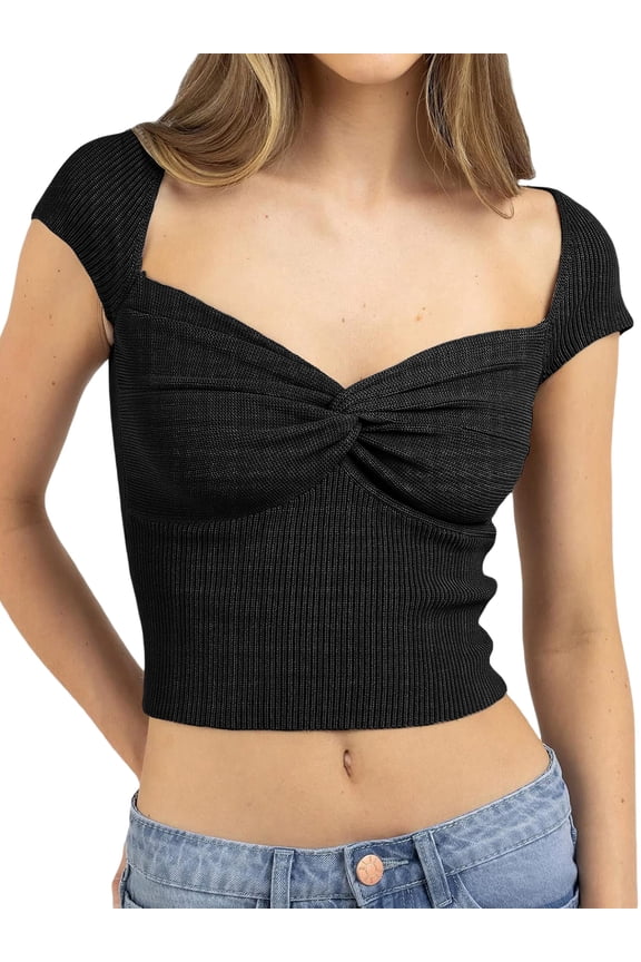 Womenacute;s Knit Cop Tops, Short Sleeve Sweetheart Neck Solid Color Twist Front T-Shirts