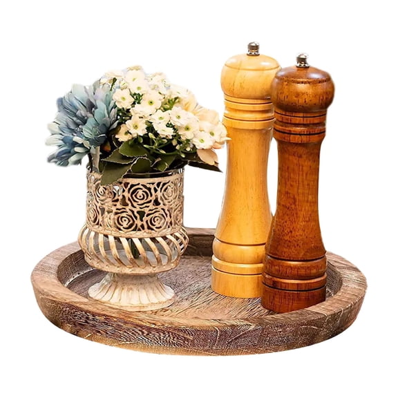 nvzhuang Wooden Serving Tray Round Shape Rustic Decorative Candle Holder Home Decor Fruit and Snack Container
