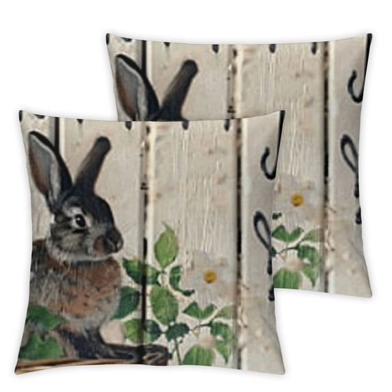 nygtbtfer 2Pack Vintage Stripe Spring Easter Rabbits Cute Pillow Covers Rustic Farm Animals Rabbit Plants Leaves Throw Pillow Cushion Case Cover for Home Sofa (PV-Rabbits) 12x12in