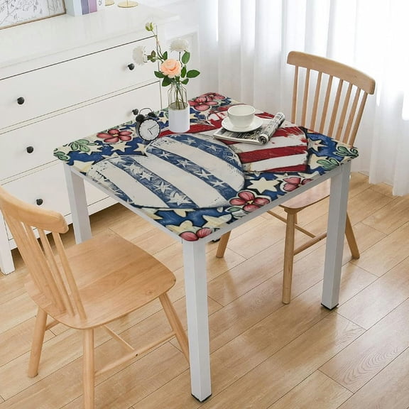 nygtbtfer 4th of July Tablecloth , Patriotic Eucalyptus Hearts Independence Day Memorial Day Table Cover for Party Picnic Dinner Decor Elastic Edge
