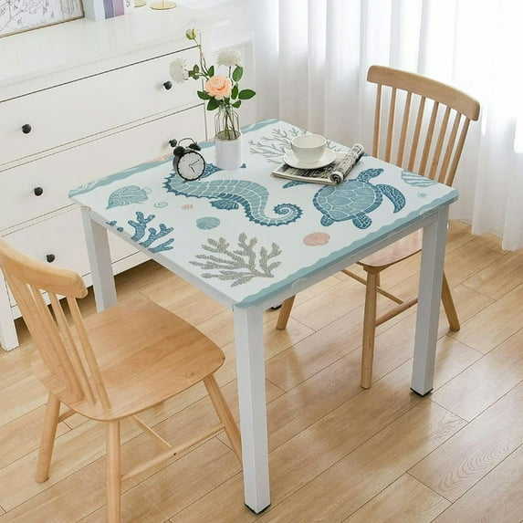 nygtbtfer Aqua Teal Coral Round Tablecloth Fitted Table Cover, Elastic Tablecloths Outdoor Indoor Stretch Cloth Tablecover for Dinner, Party, Shower,