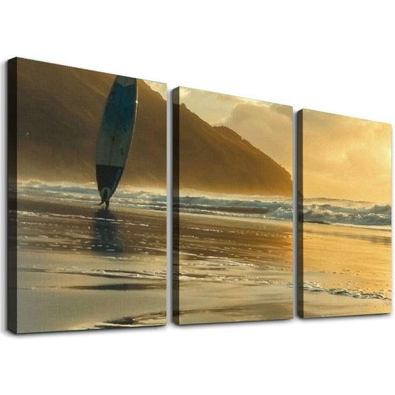nygtbtfer - Beach Surfing Sun Set Landscapes TREBLE Canvas Art Print Box Framed Picture Wall Hanging - Hand Made In The UK - Framed And Ready To Hang 12x16x3pcs