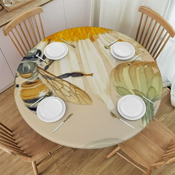 nygtbtfer Bee Flower Table Cloth, Round Fitted Tablecloths with Elastic Edge, Wipeable Table Cover for Kitchen Wedding White Daisy Floral Rustic Rustic Woodgrain 31-35
