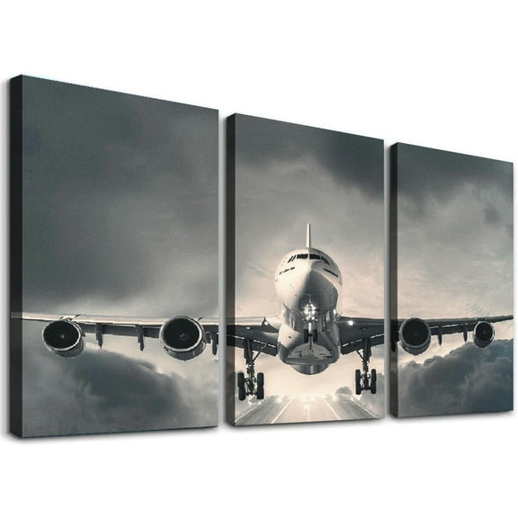 nygtbtfer  Black and White Airplane Wall Art Aircraft in Flight Pictures Print on Canvas for Boy Room Home Office Decoration Vintage Plane Framed Artwork Stretched Framed Ready to Hang 12x16x3pcs