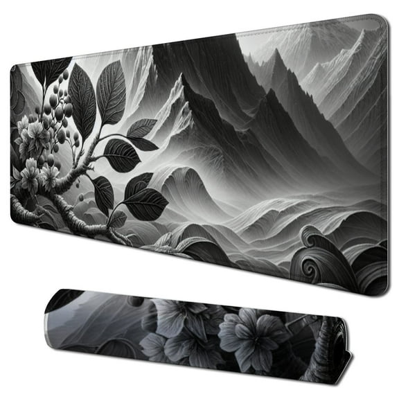 nygtbtfer Black White Japanese Cherry Blossom Mouse Pad Death Life Design Full Desk Gaming Mousepad Extended Large Non-Slip Rubber Base Keyboard Mat with Stitched Edges 31.5x11.8 in