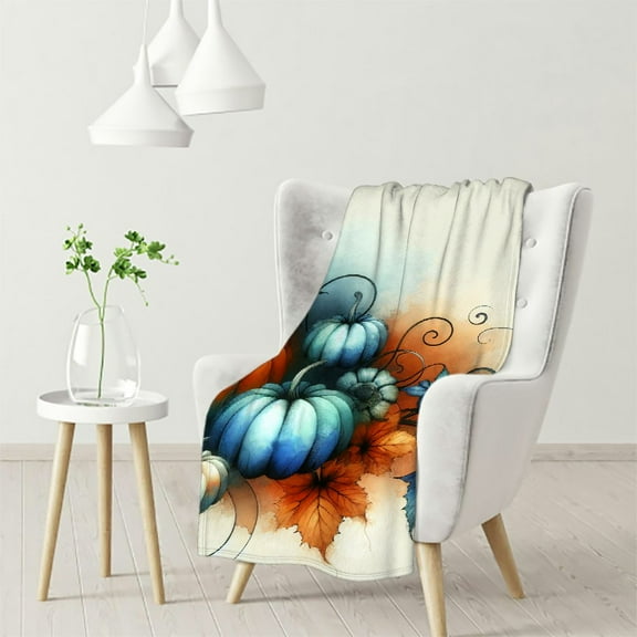 nygtbtfer Blanket Autumn Thanksgiving Teal Watercolor Pumpkin Bed Throw Blanket Rustic Halloween Lightweight Fuzzy Blanket for Couch Sofa Bed Office for Adults and Children  White