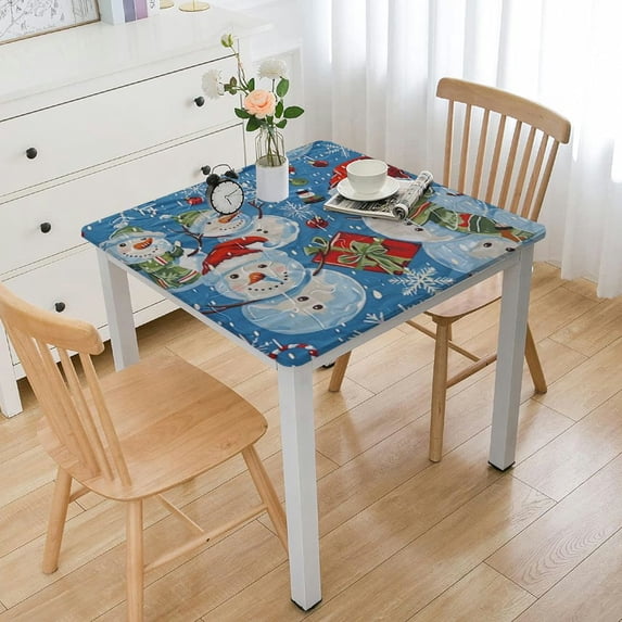 nygtbtfer Blue Christmas Print Vinyl Flannel Backed Tablecloth, Winter Snowmen Tablecloth White