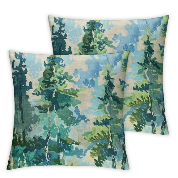 nygtbtfer Blue Green Pillow Covers Set of 2 Rustic Style Nature Forest Print Decorative Throw Pillows Christmas Square Linen Cushion Case for Home Sofa Couch Bed Outdoor White
