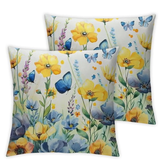 nygtbtfer Blue Yellow Flowers Throw Pillow Cover Set of 2 Floral Square Decorative Cushion Covers Rustic Wildfloral Pillowcase for Couch Sofa Bedroom Car White