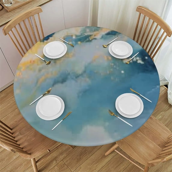 nygtbtfer Bright Round Fitted Tablecloth with Elastic Edge, Blue Gold Round Table Cover Home Decorative Tablecloth for Dining Table Dinner Party Family Gathering,Fit for Round Tables 31-35