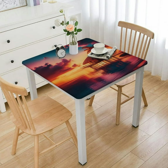 nygtbtfer Coastal Beach Round Tablecloth Fitted Table Cover, Elastic Tablecloths Outdoor Indoor Stretch Cloth Tablecover for Dinner, Party, Shower, Summer Tropical Plants Sea Sky Landscape