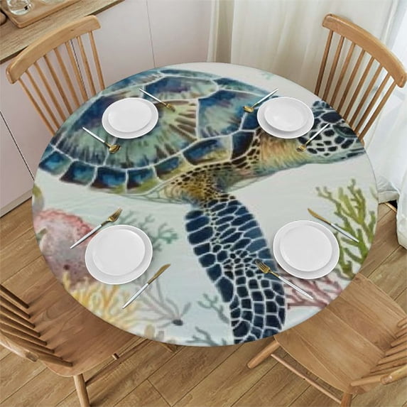 nygtbtfer Coastal Turtle Round Fitted Tablecloth with Elastic Edge,Ocean Coral Table Cover Table Cloths for Round Tables,Marine Theme Sealife Circle Table Covers for Kitchen 42-46