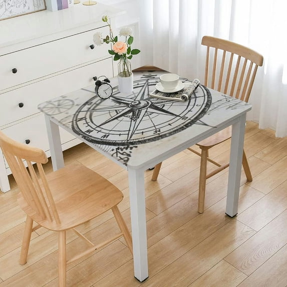nygtbtfer Compass Square Fitted Tablecloth, Vintage Nautical Compass Table Cover Water Resistant Polyester Washable for Indoor Outdoor Party & Banquet Dinner, Fits Square Table Maximum white