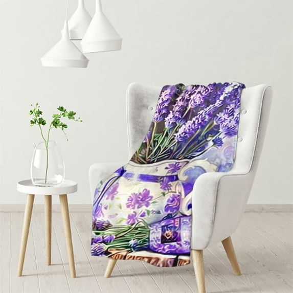 nygtbtfer Cute Gnomes Throw Blanket Purple Vine Flower Butterfly Blanket for Couch Sofa, Lavender Bouquet Bed Blanket for Kids Boys Girls, Soft and Breathable Fleece Blanket White