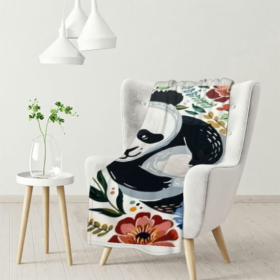 nygtbtfer Cute Panda Blanket for Boys Girls,Kawaii Black White Bear Throw Blanket Twin ,Flowers LeavesBlanket,Botanical Plants Flannel Blanket for Bedroom 60x80in
