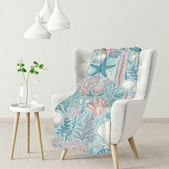 nygtbtfer Decorative Ocean Throw Blanket: Coastal Sea Life Jelly Fish Coral Starfish Shells Accent for Couch or Bed, Colors: Purple Aqua White (Ivory Coast) White