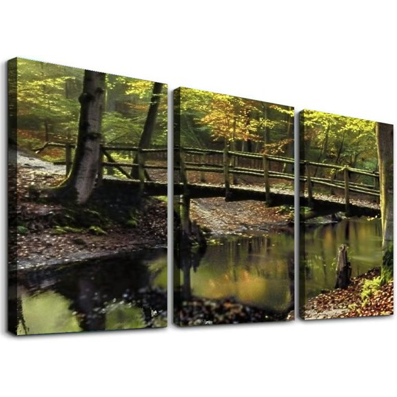 nygtbtfer Design - Forest Bridge Landscapes Treble Canvas Art Print Box Framed Picture Wall Hanging - Hand Made in Framed and Ready to Hang 12x16x3pcs