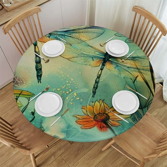nygtbtfer Dragonfly Flower Round Fitted Tablecloth Fitted Table Cloth for Round Table Wipeable Round Elastic Table Cloth Circular Table Cover with Elastic Edge 46-50