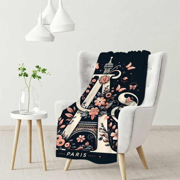 nygtbtfer Eiffel Tower Fleece Throw Blanket,All Season Paris Tower Bed Blanket French Paris Cityscape Fuzzy Blanket for Bed Sofa Couch,Bedroom Decor Pink Floral Plush Blanket White