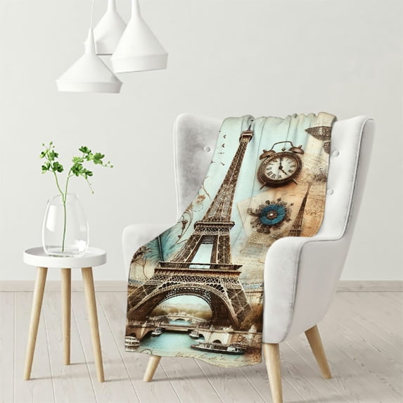 nygtbtfer Eiffel Tower Throw Blanket Queen , Blue Flower Fleece Blanket for Women , Flannel Blanket,Paris Cityscape Bed Blanket All Season White