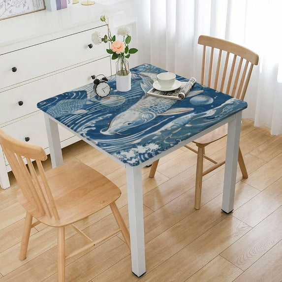 nygtbtfer with Elastic Edge, Square Fitted Table Cloth, Wipeable Table Cover for Indoor Party Kitchen Dinner Fits Diameter Square Table, Blue Fish Waves white