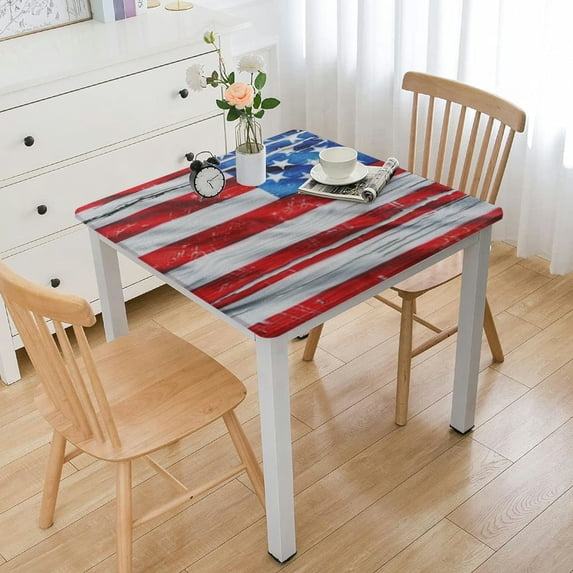 nygtbtfer Elastic Edge Square Fitted Tablecloth, American Flag Wipe Clean Polyester Table Cloth, for Indoor Restaurant or Outdoor Patio Party Dining, White