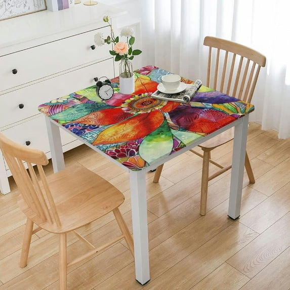 nygtbtfer Elastic Edge Square Fitted Tablecloth, Floral Boho Colorful Bohemian Wipe Clean Polyester Table Cloth, for Outdoor Patio and Indoor Kitchen Dining Party White