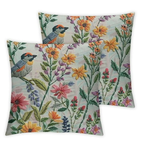 nygtbtfer Embroidered Throw Pillow Covers Pack of 2 Vintage Birds with Flowers Pillow Cushion Cases Decorative Pillowcases Home Decor Square Floral Pillow Case White