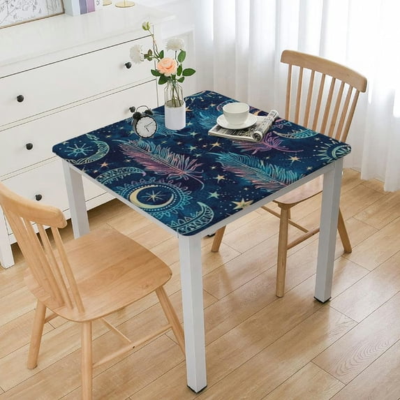 nygtbtfer Ethnic Fitted Tablecloth, Style Colorful with Feathers Stars Crescent Art, All Around Elastic Fabric Table Cover, Diameter, Sky Blue and Dark Purple 46*46