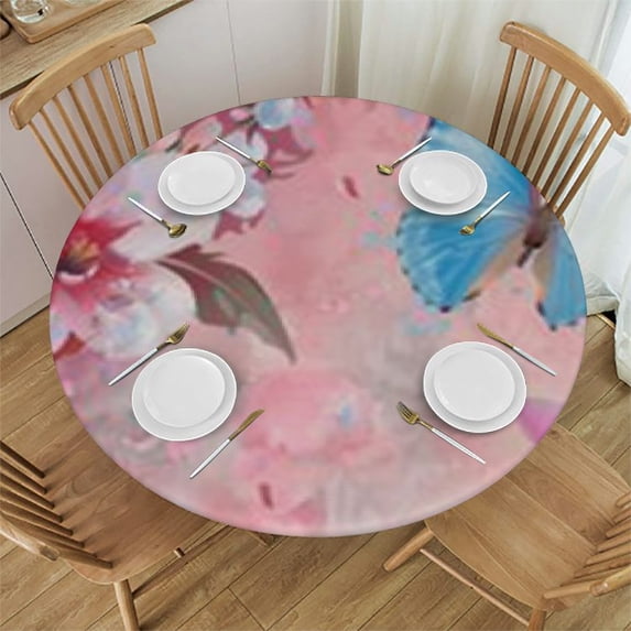 nygtbtfer Fitted Round Tablecloth with Elastic Edge Wipe Clean Spring Pink Peach Flowers Butterflies Table Cloth for Outdoor/Indoor Use,Fits Round Tables Small 54-58