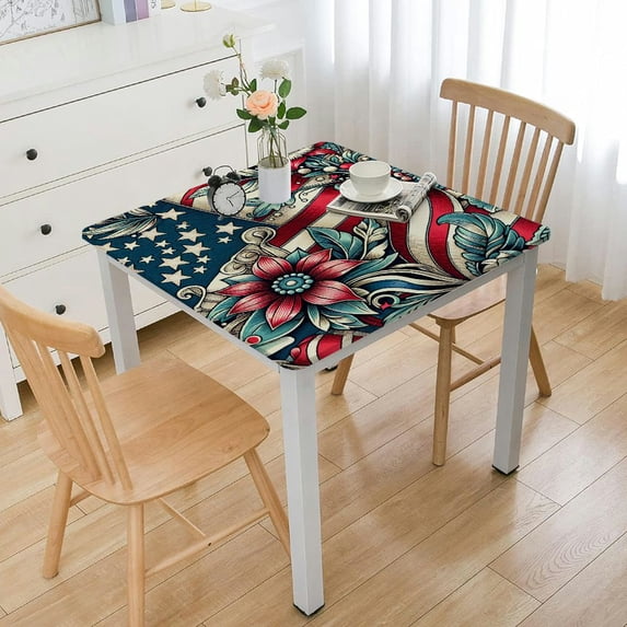 nygtbtfer Fitted Tablecloth Elastic Edged Table Cover, Star and Stripe Wipeable Table Cloths for Kitchen Dining Party Fit up Tables,USA Flag Leaves on Burlap