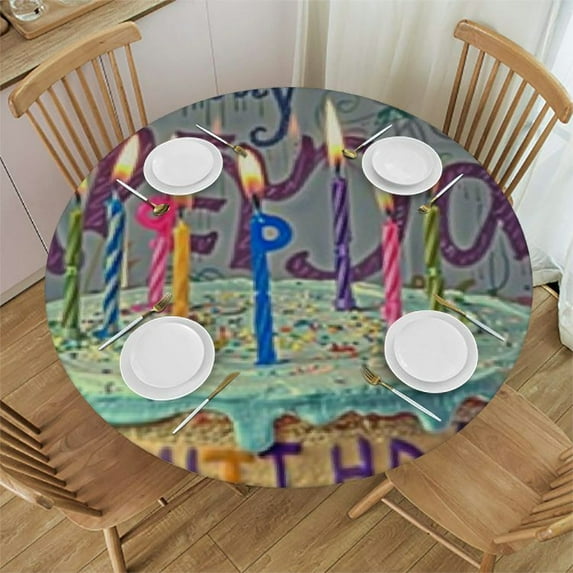 nygtbtfer Fitted Tablecloth for Round Table,Happy Birthday Cake Colorful Banner Table Cover with Elastic Edge Table Cloth,Cartoon Illustration Style Circle Table Covers for Kitchen Indoo 38-42