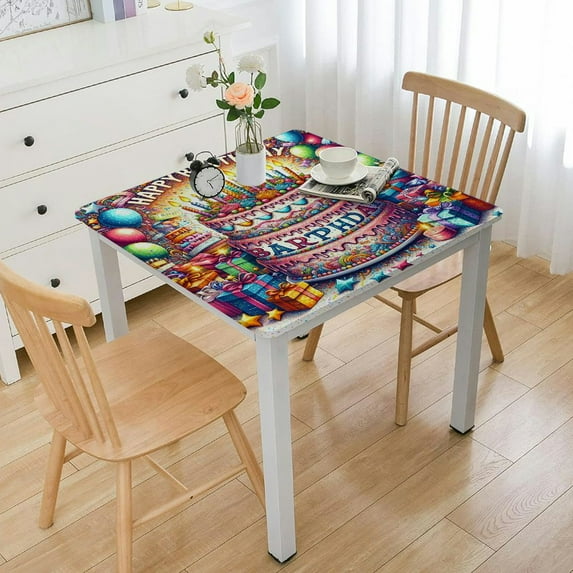 nygtbtfer Fitted Tablecloth for Round Table,Happy Birthday Cake Table Cover with Elastic Edge Table Cloth,Cartoon Illustration Table Covers for Kitchen Indoor Outdoor Kids Birthday Party
