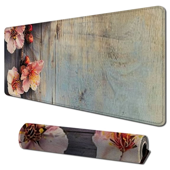 nygtbtfer Floral Mouse Pad, on Wooden Table Farmhouse Countryside Style Print, Rectangle Non-Slip Rubber Mousepad, Standard Size, Pink Brown 31.5x11.8 in