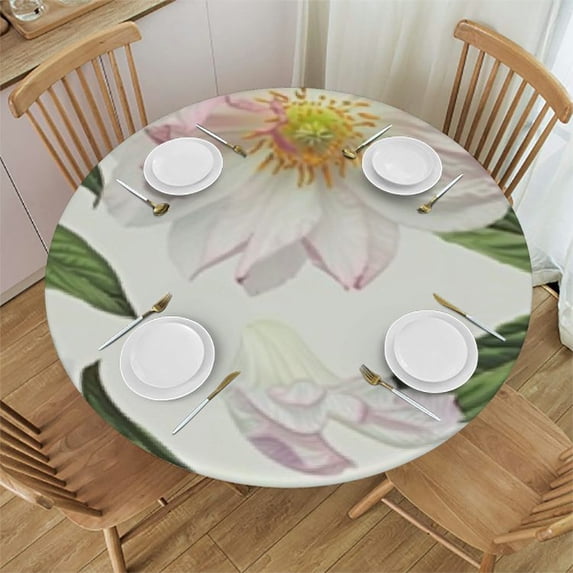 nygtbtfer Floral Round Fitted Polyester Tablecloth, White Flowers Elastic Edge Decorative Table Cover, Stain Resistant Washable Table Clothes, for Living Room Kitchen Tablecloths 42-46