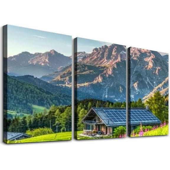 nygtbtfer Framed Canvas Print Window Idyllic landscape mountain chalet springtime Pictures Painting Posters for Bedroom Living Room Hanging Large 12x16x3pcs