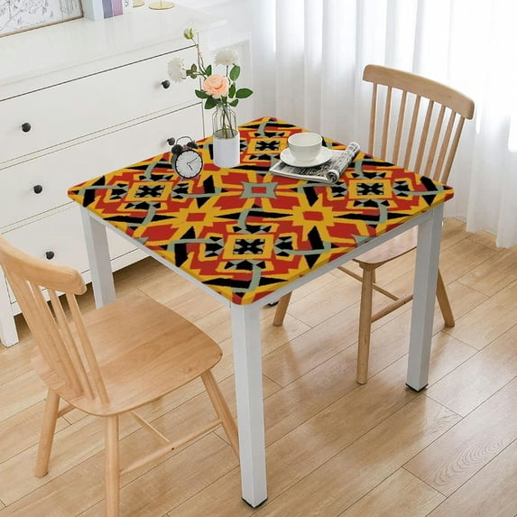 nygtbtfer Geometric Fitted Tablecloth, Colorful Design Overlapping Squares with Stripes and Star Shape Art, All Around Elastic Fabric Table Cover, Diameter, Dark Salmon Earth Yellow 46*46